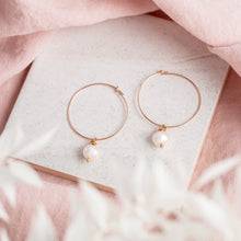Load image into Gallery viewer, fresh water pearl hoops 14 carat rose gold filled