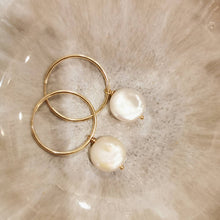 Load image into Gallery viewer, 14K Gold Filled Hoop Earrings with Freshwater Coin Pearls