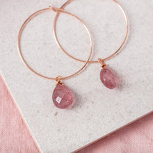 Load image into Gallery viewer, 14Kt Gold Filled Hoop Earrings / Strawberry Quartz Gemstone