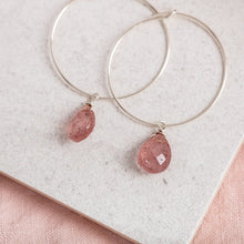 Load image into Gallery viewer, 14Kt Gold Filled Hoop Earrings / Strawberry Quartz Gemstone