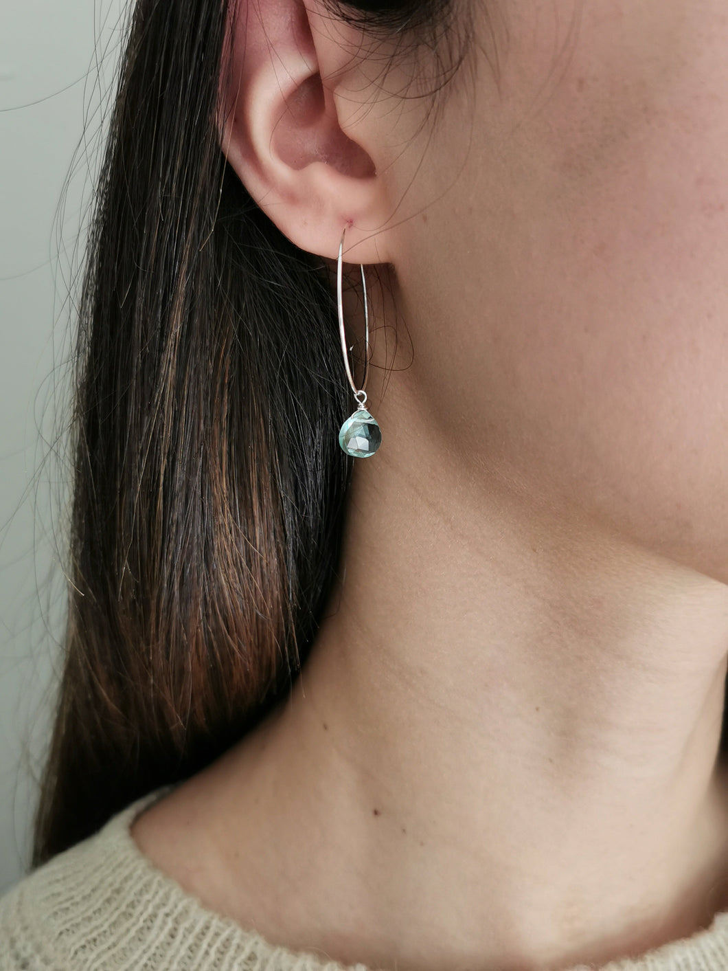 Sterling Silver Hoop Earrings / Aquamarine Gemstone