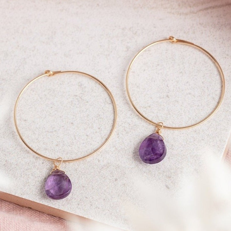 14Kt Gold Filled Hoop Earrings with Amethyst Gemstone