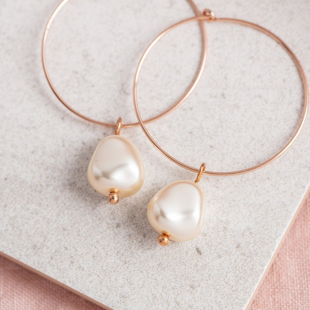 14Kt Rose Gold Filled Hoop Earrings / Baroque Cream rose Pearl