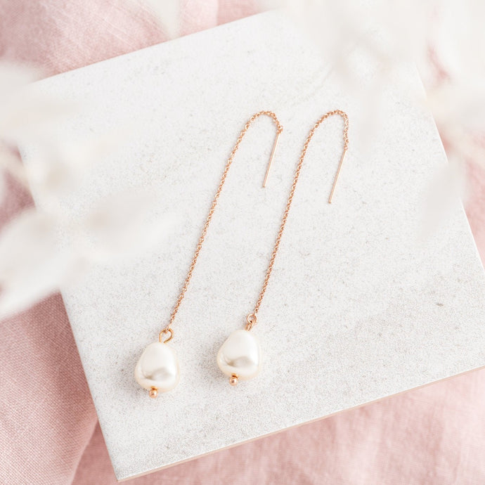 rose gold filled threader pearl earrings