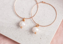 Load image into Gallery viewer, fresh water pearl hoops 14 carat rose gold filled
