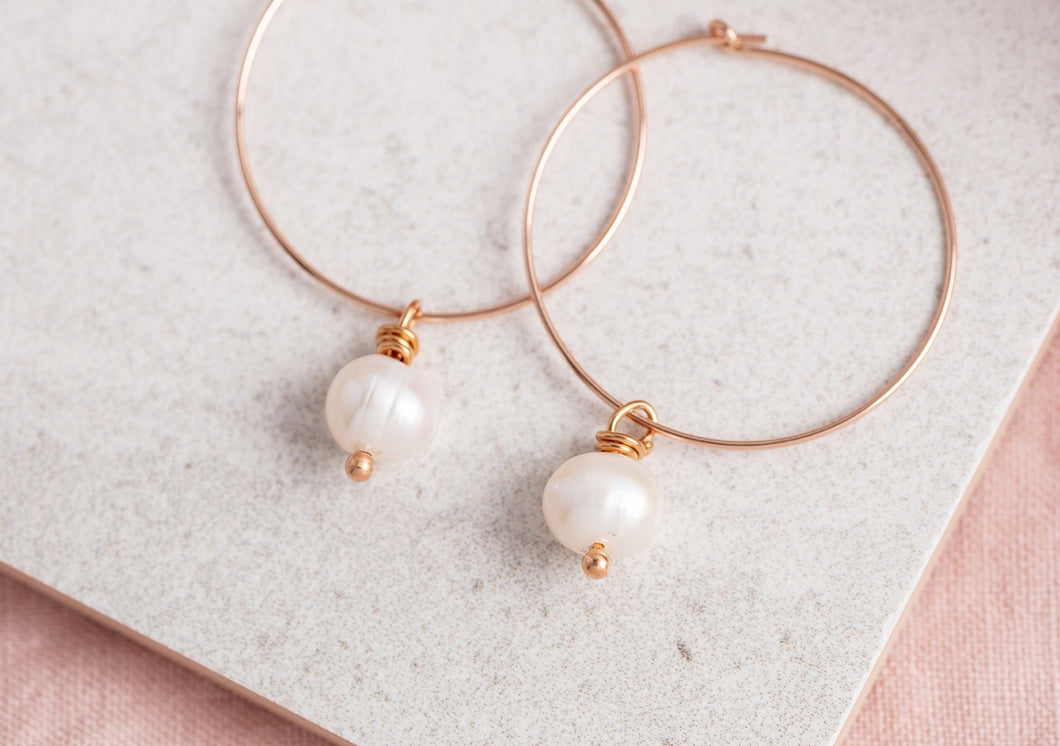 fresh water pearl hoops 14 carat rose gold filled
