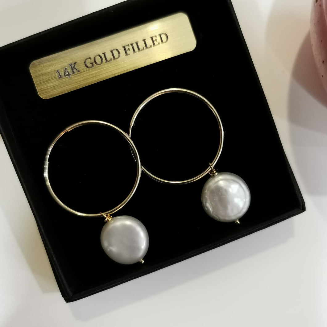 14K Gold Filled Hoop Earrings with Freshwater Coin Pearls