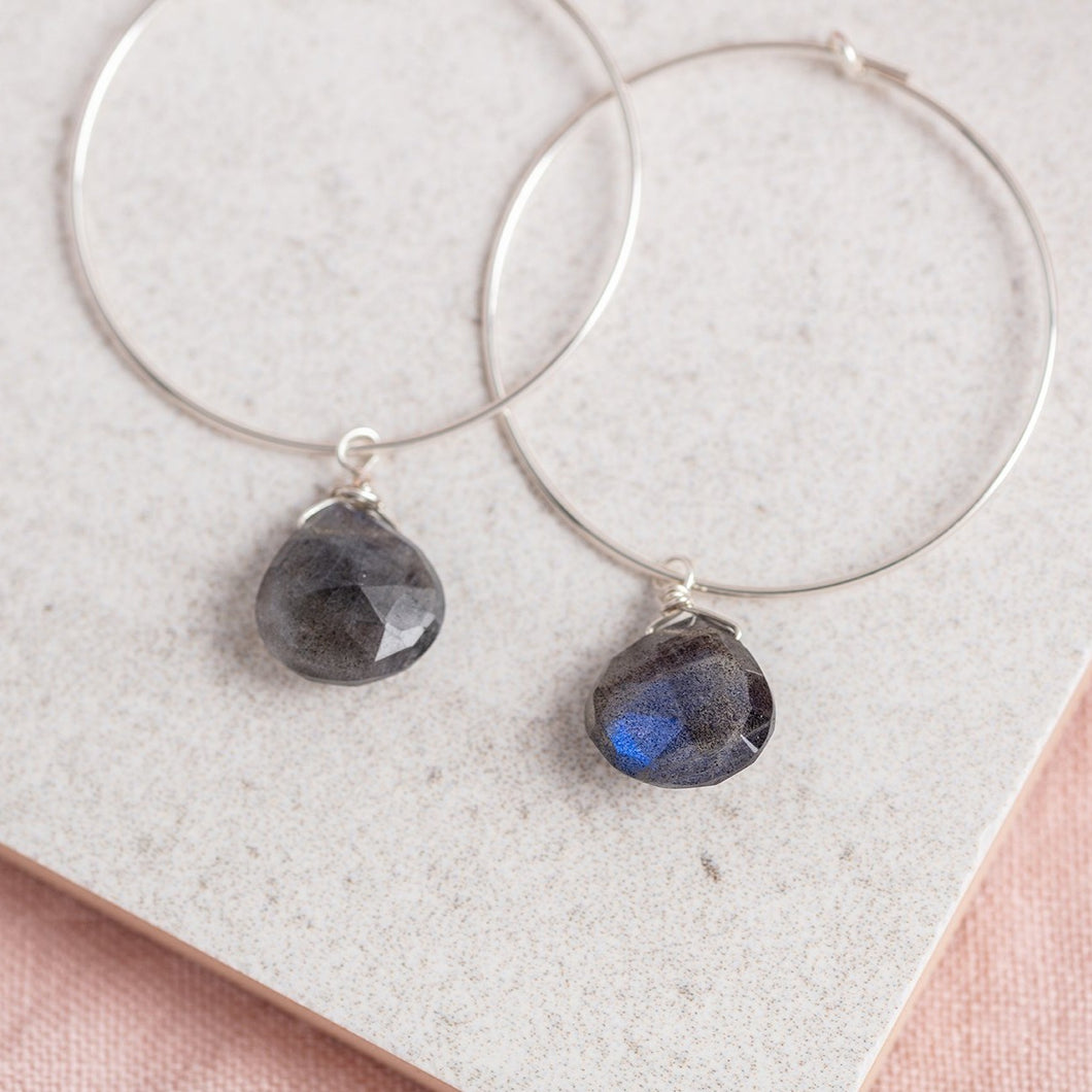 Sterling Silver  Hoop Earrings / Labradorite Gemstone