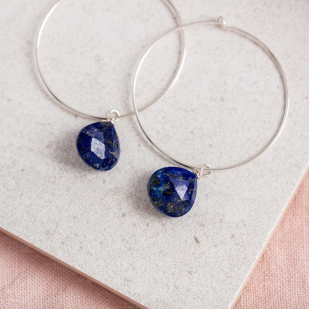 Sterling Silver Hoops Earrings / Lapis Lazuli Gemstone