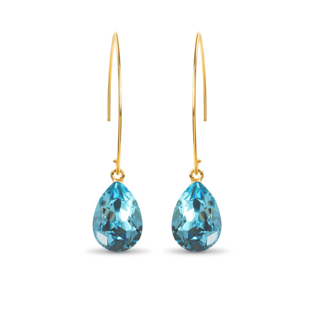 Long Gold Threader Crystal Earrings / Aquamarine