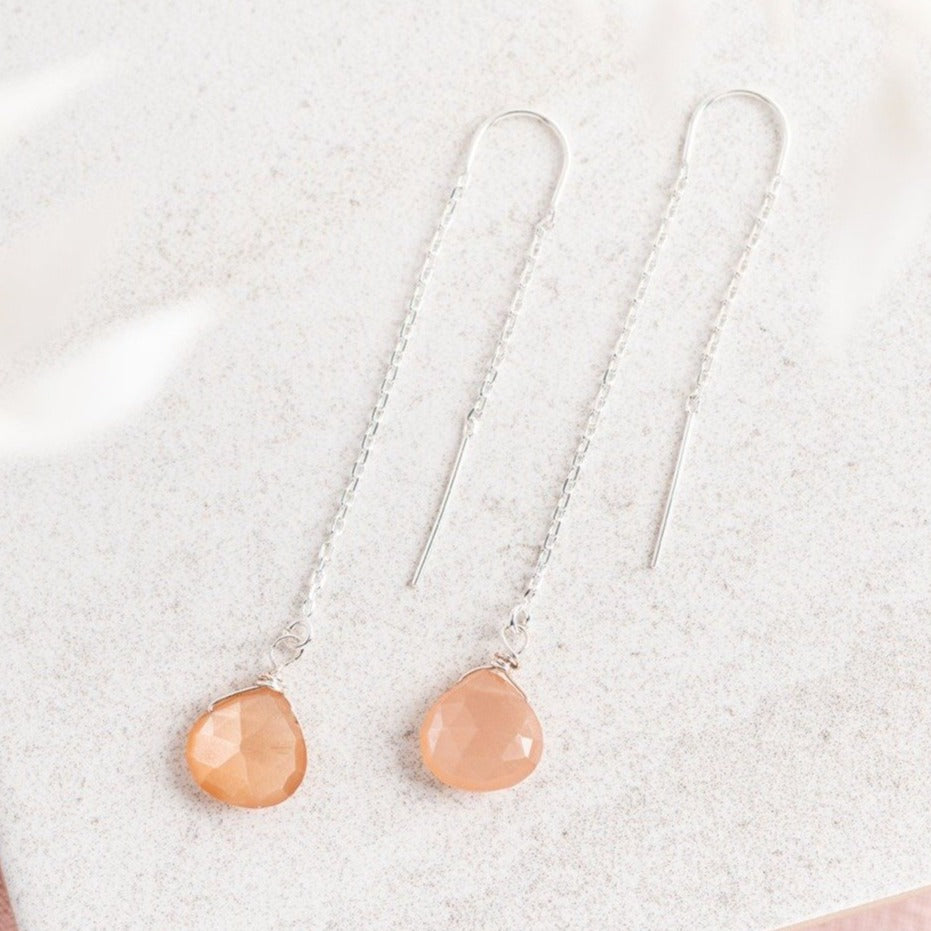 Sterling Silver Threader Earrings / Peach Moonstone