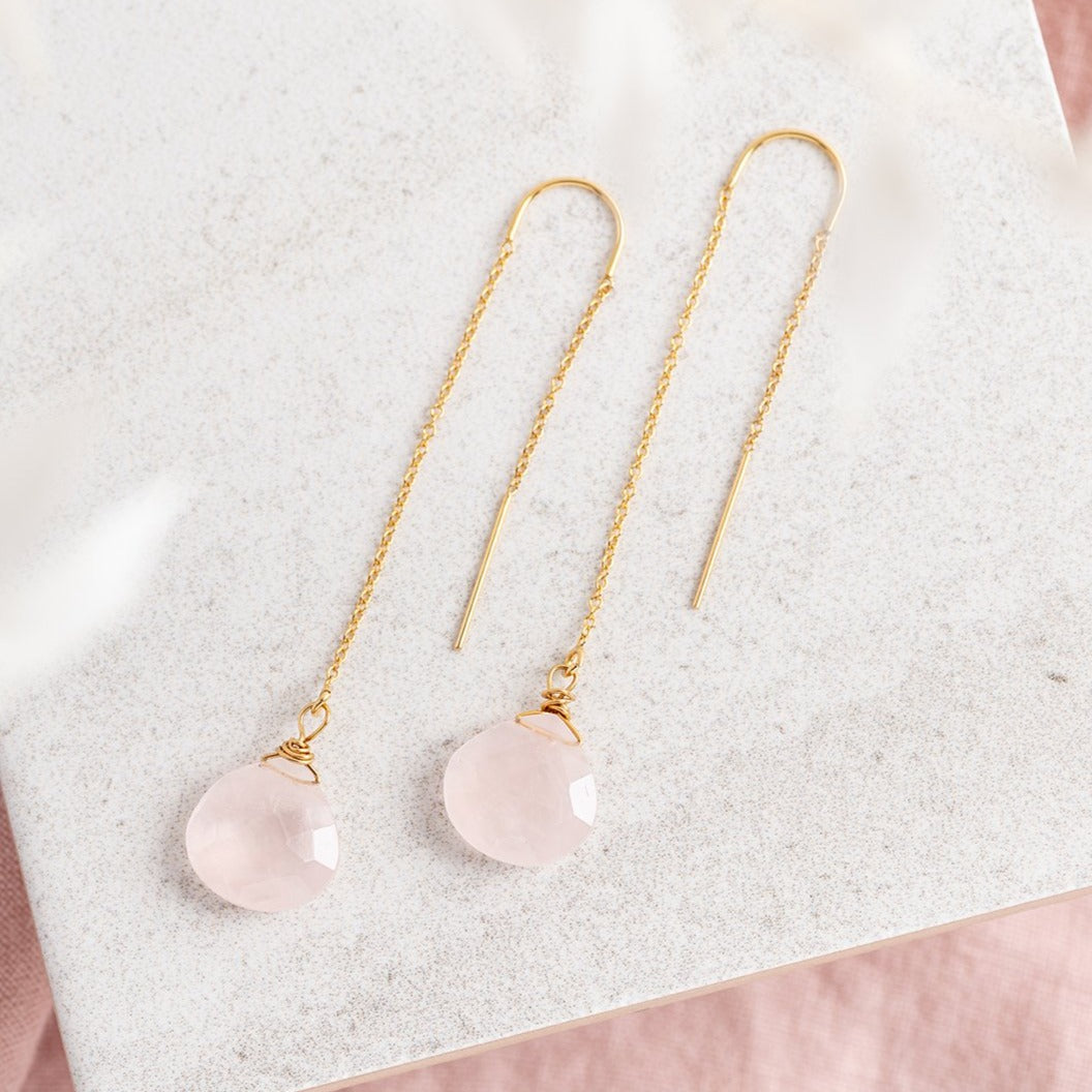 rose quartz gemstone gold filled threader earrings
